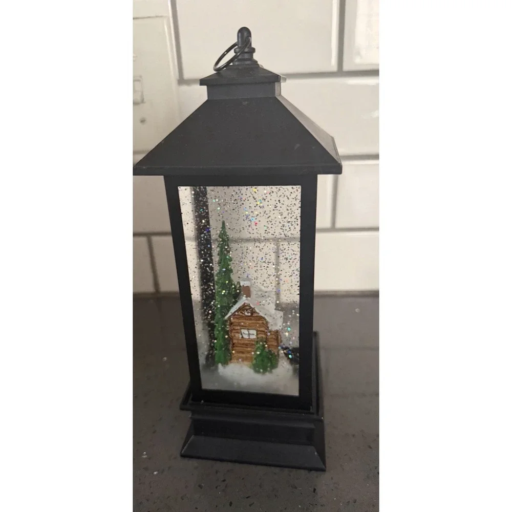 Illuminated Lantern Snow Globe Christmas Cottage Trees Lighted Liughts Up